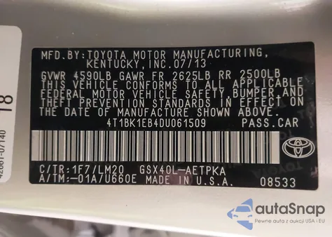 2013 Toyota Avalon Limited z USA, uszkodzony, nr VIN 4T1BK1EB4DU061509